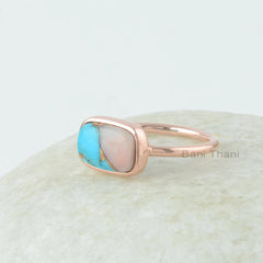 Pink Opal Ring - Sterling Silver - Copper Turquoise - 8x12mm Cushion - Gemstone Ring - Indian Jewelry - Jewelry for Brides - Gift for Ladies