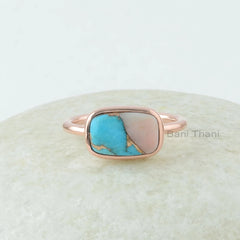 Pink Opal Ring - Sterling Silver - Copper Turquoise - 8x12mm Cushion - Gemstone Ring - Indian Jewelry - Jewelry for Brides - Gift for Ladies