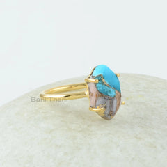 Turquoise Ring - Pink Opal Copper Turquoise - Hexagon Gemstone Ring - Gold Plated Jewelry - Prong Ring - Gift For Women - Jewelry for Girls