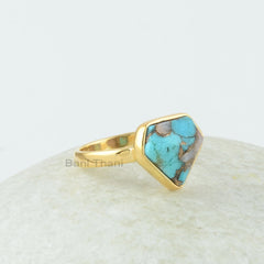 Turquoise Vintage Ring, Pink Opal Copper Turquoise 11x13mm Diamond Shape Gemstone Silver Ring, 18K Gold Plated Ring, Christmas Jewelry Gift