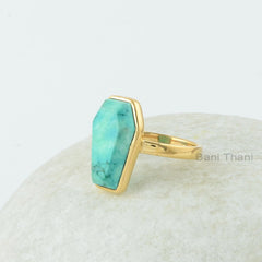 Turquoise Gem Ring, Turquoise 10x17mm Coffin Gemstone Ring, 18k Gold Plated Bezel Set Ring, 925 Sterling Silver Coffin Shape Ring For Women