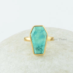 Turquoise Gem Ring, Turquoise 10x17mm Coffin Gemstone Ring, 18k Gold Plated Bezel Set Ring, 925 Sterling Silver Coffin Shape Ring For Women