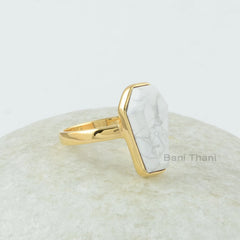 Howlite Coffin Ring, White Howlite 10x 17mm Coffin Shape Gemstone Ring, 18k Gold Plated 925 Silver Bezel Ring, White Coffin Ring For Women