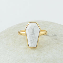Howlite Coffin Ring, White Howlite 10x 17mm Coffin Shape Gemstone Ring, 18k Gold Plated 925 Silver Bezel Ring, White Coffin Ring For Women