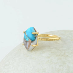 Turquoise Ring - Pink Opal Copper Turquoise - Hexagon Gemstone Ring - Gold Plated Jewelry - Prong Ring - Gift For Women - Jewelry for Girls
