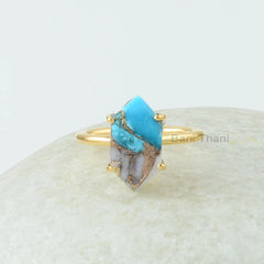 Turquoise Ring - Pink Opal Copper Turquoise - Hexagon Gemstone Ring - Gold Plated Jewelry - Prong Ring - Gift For Women - Jewelry for Girls