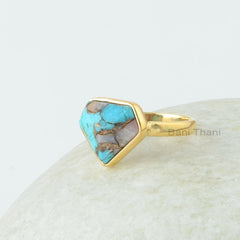 Turquoise Vintage Ring, Pink Opal Copper Turquoise 11x13mm Diamond Shape Gemstone Silver Ring, 18K Gold Plated Ring, Christmas Jewelry Gift