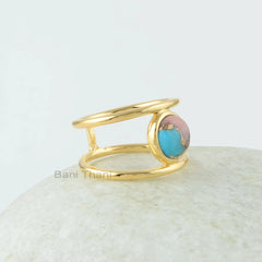 Turquoise Pink Opal Ring - 925 Sterling Silver Ring - 8mm Gemstone Ring - Gift for healing - Womens Ring - Pink Opal Turquoise Copper Ring