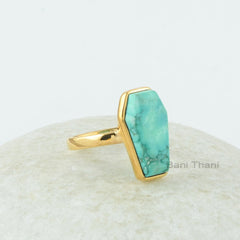 Turquoise Gem Ring, Turquoise 10x17mm Coffin Gemstone Ring, 18k Gold Plated Bezel Set Ring, 925 Sterling Silver Coffin Shape Ring For Women
