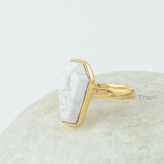 Howlite Coffin Ring, White Howlite 10x 17mm Coffin Shape Gemstone Ring, 18k Gold Plated 925 Silver Bezel Ring, White Coffin Ring For Women