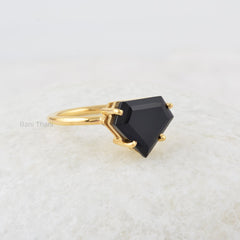 Onyx Ring, Black Onyx 11x13mm Diamond Shape Prong Set Gemstone Ring, 18k Gold Plated Silver Gemstone Ring, Black Stone Silver Ring For Girls
