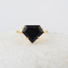 Onyx Ring, Black Onyx 11x13mm Diamond Shape Prong Set Gemstone Ring, 18k Gold Plated Silver Gemstone Ring, Black Stone Silver Ring For Girls