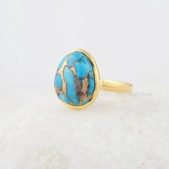 Turquoise Ring, Copper Blue Turquoise 12x14mm Nugget Gemstone Ring, 18k Gold Plated Ring, 925 Sterling Silver Ring