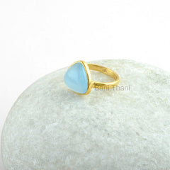 Beautiful Ring, Blue Chalcedony 11mm Trillion Gemstone Ring, 925 Sterling Silver Gold Plated Bezel Ring, Anniversary Gift Ring, Dainty Ring