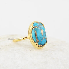 Blue Copper Turquoise Silver Ring - 10x16mm Oval Gemstone Ring - 925 Solid Silver - 18k Gold Plated Ring - Gift for Her - Bridesmaid Jewelry