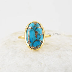 Blue Copper Turquoise Silver Ring - 10x16mm Oval Gemstone Ring - 925 Solid Silver - 18k Gold Plated Ring - Gift for Her - Bridesmaid Jewelry