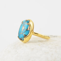 Blue Copper Turquoise Silver Ring - 10x16mm Oval Gemstone Ring - 925 Solid Silver - 18k Gold Plated Ring - Gift for Her - Bridesmaid Jewelry