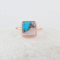 Pink Opal Copper Turquoise Ring - Rose Gold Plated Ring - 925 Silver - 10x10mm Square - Indian Jewelry - Gift For Summer - Jewelry For Lady