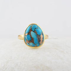 Turquoise Ring, Copper Blue Turquoise 12x14mm Nugget Gemstone Ring, 18k Gold Plated Ring, 925 Sterling Silver Ring
