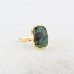 Zoisite Ring, Ruby Zoisite 10x14mm Long Cushion Gemstone Ring, 925 Sterling Silver Multi Color Ring, 18k Gold Plated Bezel Ring
