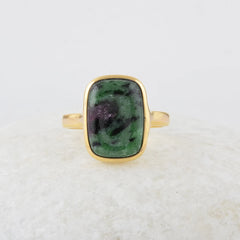 Zoisite Ring, Ruby Zoisite 10x14mm Long Cushion Gemstone Ring, 925 Sterling Silver Multi Color Ring, 18k Gold Plated Bezel Ring