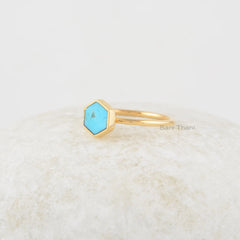 Arizona Turquoise Ring - 6mm Hexagon Gemstone Ring - 925 Solid Silver Ring- Gold Plated Ring - Ring for Women - Handmade Ring - Gift for Her