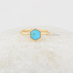 Arizona Turquoise Ring - 6mm Hexagon Gemstone Ring - 925 Solid Silver Ring- Gold Plated Ring - Ring for Women - Handmade Ring - Gift for Her