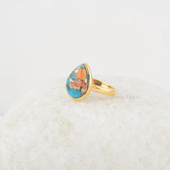 Oyster Copper Turquoise Ring - 925 Sterling Silver - Handmade Ring - 10x14mm Pear - Gold Plated - High Quality Jewelry - Jewelry for Womens