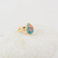 Oyster Copper Turquoise Ring - 925 Sterling Silver - Handmade Ring - 10x14mm Pear - Gold Plated - High Quality Jewelry - Jewelry for Womens
