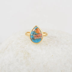 Oyster Copper Turquoise Ring - 925 Sterling Silver - Handmade Ring - 10x14mm Pear - Gold Plated - High Quality Jewelry - Jewelry for Womens