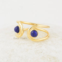 Double Stone Ring, Blue Lapis Lazuli 4x4mm Round Gemstone Ring, Handmade Silver Bezel Ring, Lapis Gems Gold Plated Ring For Girls