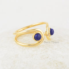 Double Stone Ring, Blue Lapis Lazuli 4x4mm Round Gemstone Ring, Handmade Silver Bezel Ring, Lapis Gems Gold Plated Ring For Girls