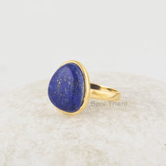 Beautiful Lapis Ring, Blue Lapis Lazuli 12x14mm Nugget Shape Gemstone Ring, Gold Plated Handmade Silver Ring, Bezel Set Silver Rings