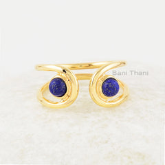 Double Stone Ring, Blue Lapis Lazuli 4x4mm Round Gemstone Ring, Handmade Silver Bezel Ring, Lapis Gems Gold Plated Ring For Girls
