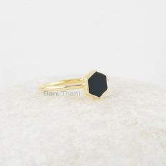 Black Onyx Ring - 925 Sterling Silver - Gold Plated Ring - 6mm Hexagon Ring - Semi Precious Jewelry - Jewelry for Lover - Gift for Healing