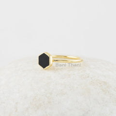 Black Onyx Ring - 925 Sterling Silver - Gold Plated Ring - 6mm Hexagon Ring - Semi Precious Jewelry - Jewelry for Lover - Gift for Healing
