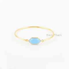 Elegant Bracelet, Blue Chalcedony 9x18mm Hexagon Gemstone Silver Bangle, Chalcedony Gold Plated Bezel Set Bracelet, Gift For Girlfriend