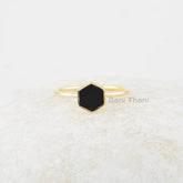 Black Onyx Ring - 925 Sterling Silver - Gold Plated Ring - 6mm Hexagon Ring - Semi Precious Jewelry - Jewelry for Lover - Gift for Healing