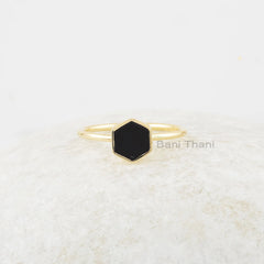 Black Onyx Ring - 925 Sterling Silver - Gold Plated Ring - 6mm Hexagon Ring - Semi Precious Jewelry - Jewelry for Lover - Gift for Healing