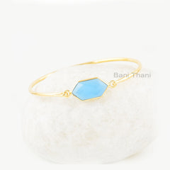 Elegant Bracelet, Blue Chalcedony 9x18mm Hexagon Gemstone Silver Bangle, Chalcedony Gold Plated Bezel Set Bracelet, Gift For Girlfriend