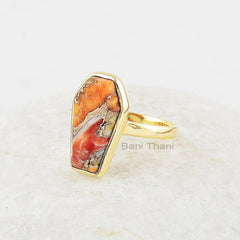 Oyster Copper Ring, Mohave Oyster 10x17 mm Coffin Shape Gemstone Ring, Gold Plated Silver Bezel Set Ring, Handmade Gemstone Ring For Mother