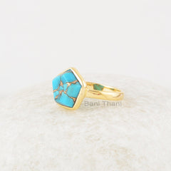 Elegant Turquoise Ring, Blue Copper Turquoise 11x11mm Star Shape Gemstone Ring, Bezel Set Gold Plated Sterling Silver Ring, Gift For Mom