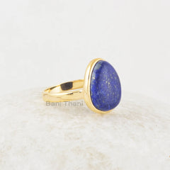 Beautiful Lapis Ring, Blue Lapis Lazuli 12x14mm Nugget Shape Gemstone Ring, Gold Plated Handmade Silver Ring, Bezel Set Silver Rings