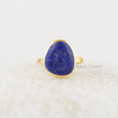 Beautiful Lapis Ring, Blue Lapis Lazuli 12x14mm Nugget Shape Gemstone Ring, Gold Plated Handmade Silver Ring, Bezel Set Silver Rings