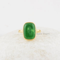 Silver Ring, Green Aventurine Cushion 10x14mm Sterling Silver Ring, 18k Gold Plated Ring, Green Aventurine Gemstone Ring For Wife