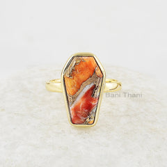 Oyster Copper Ring, Mohave Oyster 10x17 mm Coffin Shape Gemstone Ring, Gold Plated Silver Bezel Set Ring, Handmade Gemstone Ring For Mother