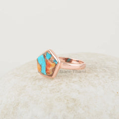 Copper Oyster Turquoise Ring, Turquoise 11x11mm Star Shape Gemstone Silver Ring, Handmade Rose Gold Plated Turquoise Ring, Gift For Her
