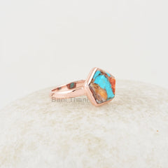 Copper Oyster Turquoise Ring, Turquoise 11x11mm Star Shape Gemstone Silver Ring, Handmade Rose Gold Plated Turquoise Ring, Gift For Her