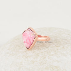 Elegant Rhodochrosite Ring, 11x15mm Kite Shape Gemstone Silver Ring, Handmade Rose Gold Plated Bezel Set Ring
