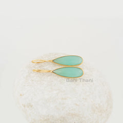 Aqua Chalcedony 8x25mm Pear Shape Gold Plated Silver Earrings, Chalcedony Bezel Set Long Drop Hook Gemstone Dangle Earrings, Wedding Jewelry